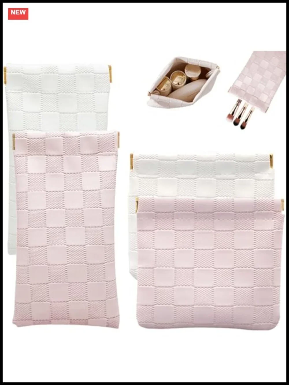 Waterproof Leather Checkered Cosmetic Bags for Women Set of 4 No Zipper